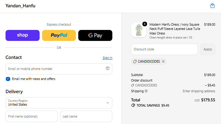 CANDIDCODES checkout proof showing 5 percent off Modern Hanfu Dress