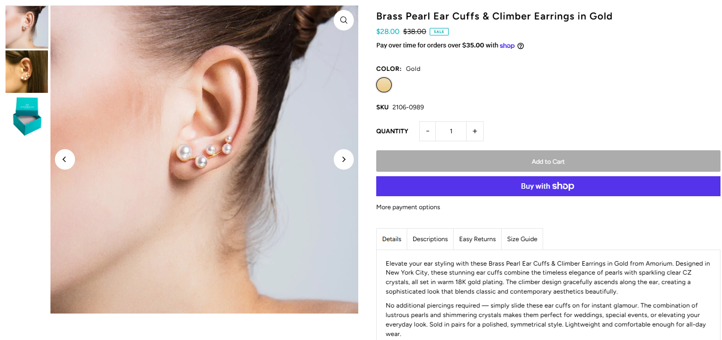 Amorium brass pearl ear cuff earrings