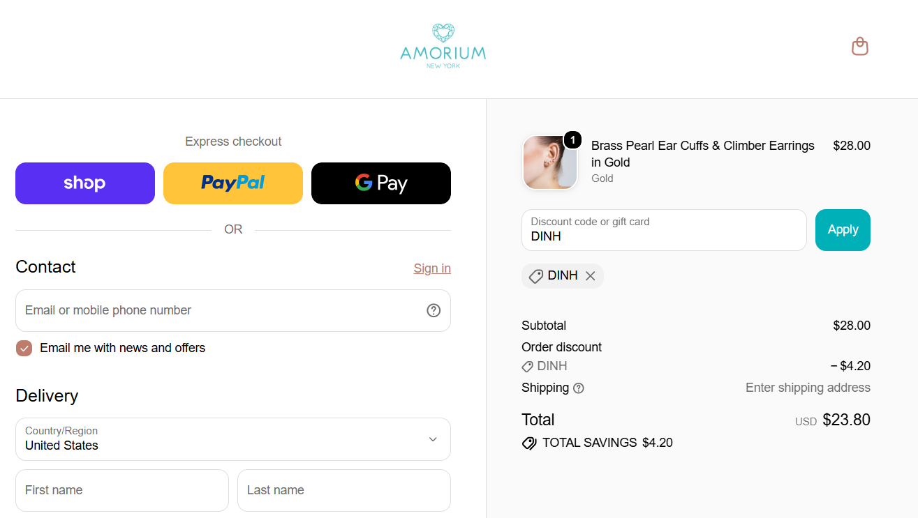 Amorium discount code DINH 15% off checkout proof