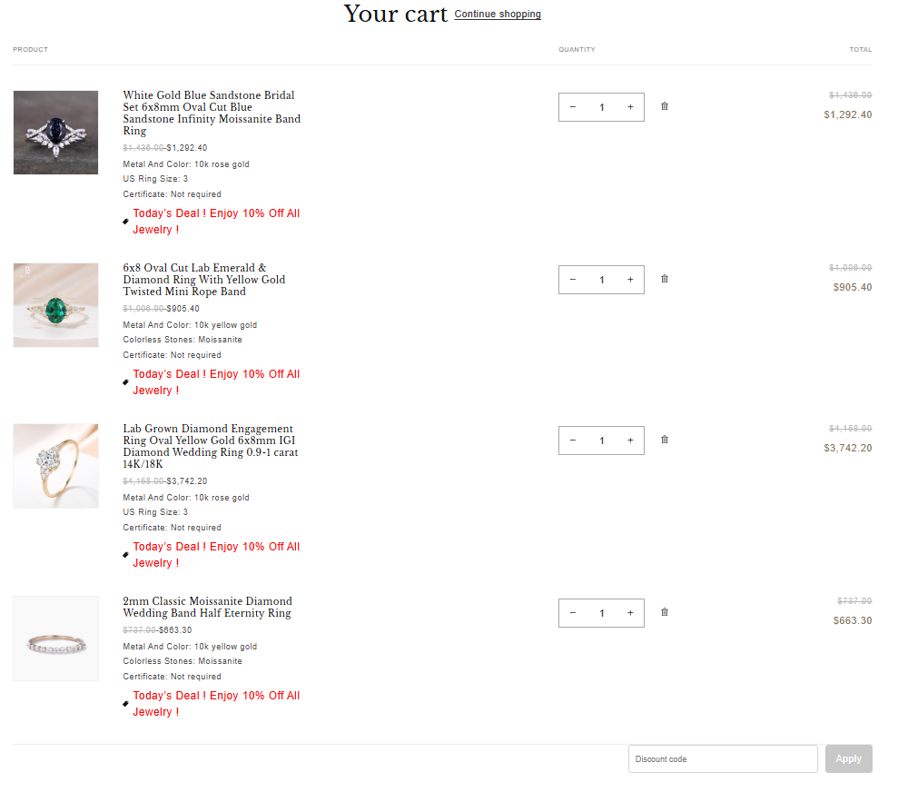 BBBGEM cart showing an automatic extra 10% discount applied to four eligible sale jewelry products