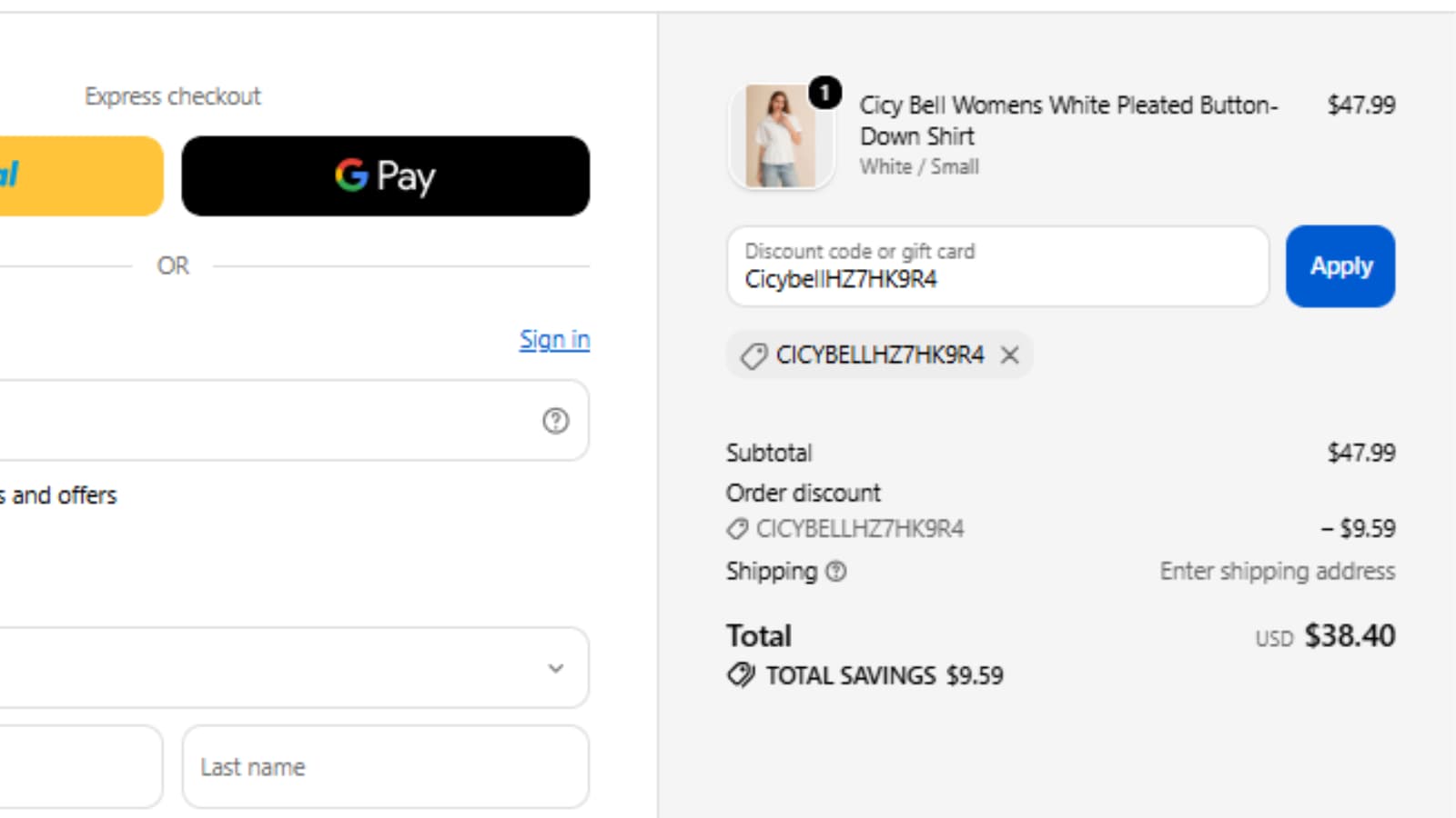CicyBell 20% off subscriber code checkout proof saving 9.59 dollars