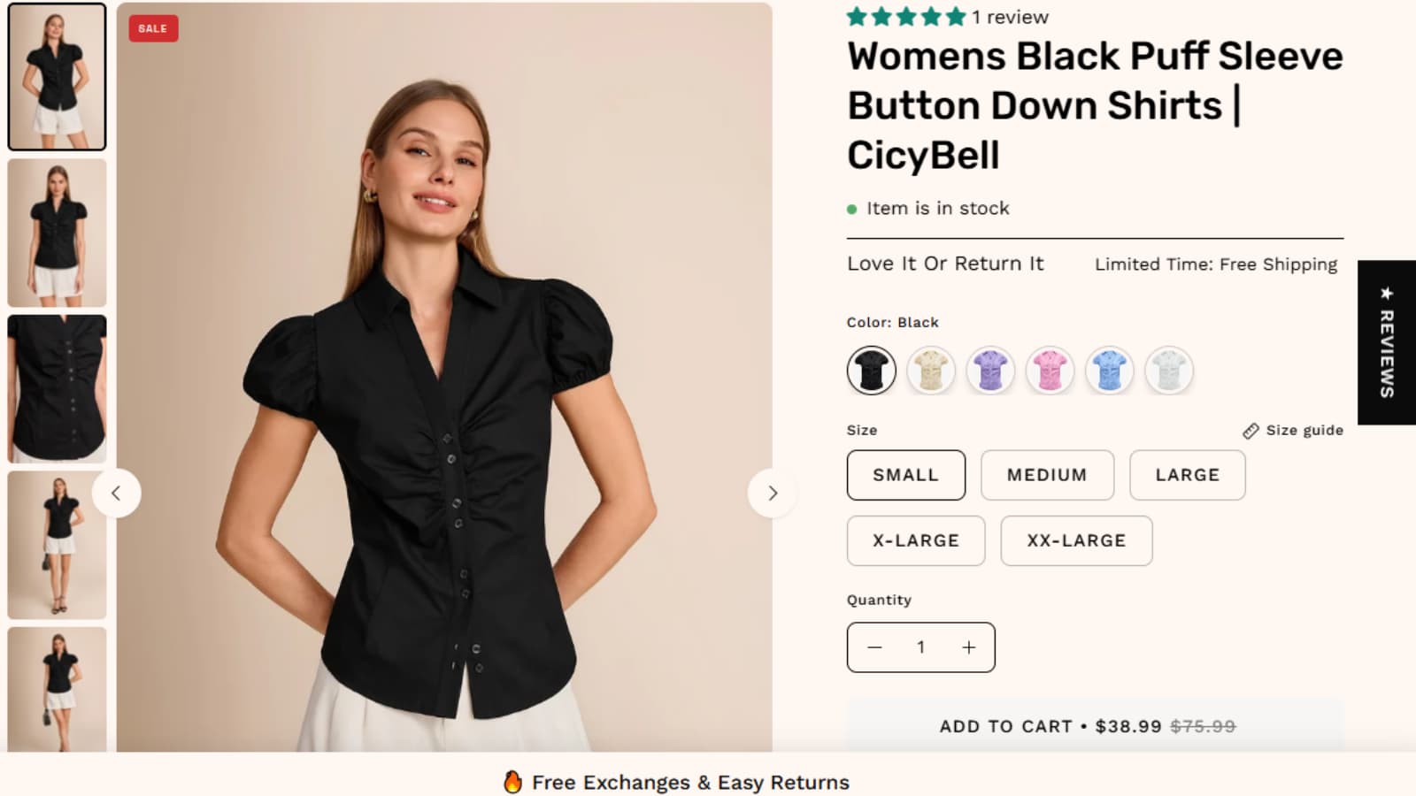CicyBell Black Puff Sleeve Button Down Shirts deal showing Save $37