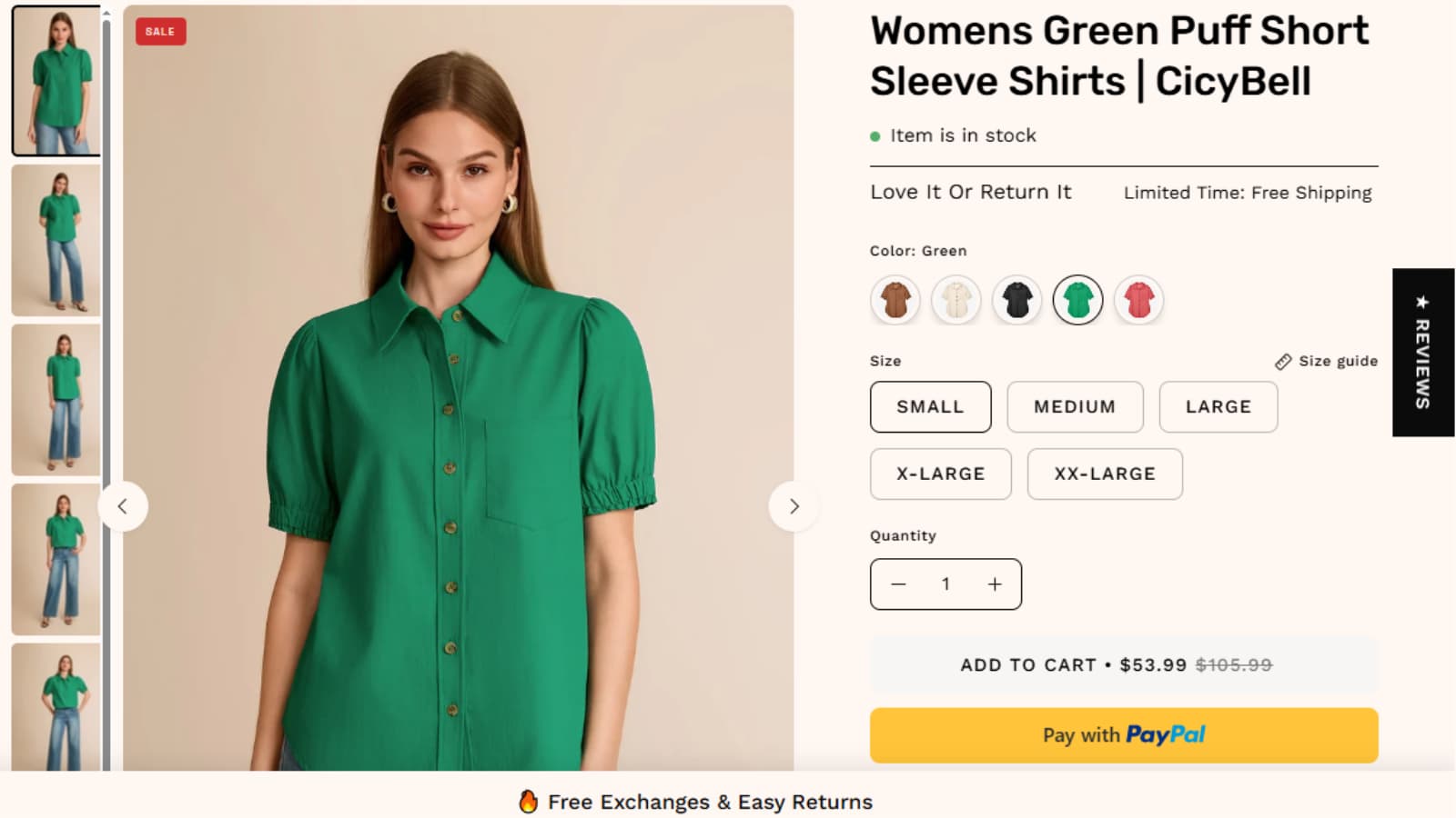 CicyBell Green Puff Short Sleeve Shirts deal showing Save $52