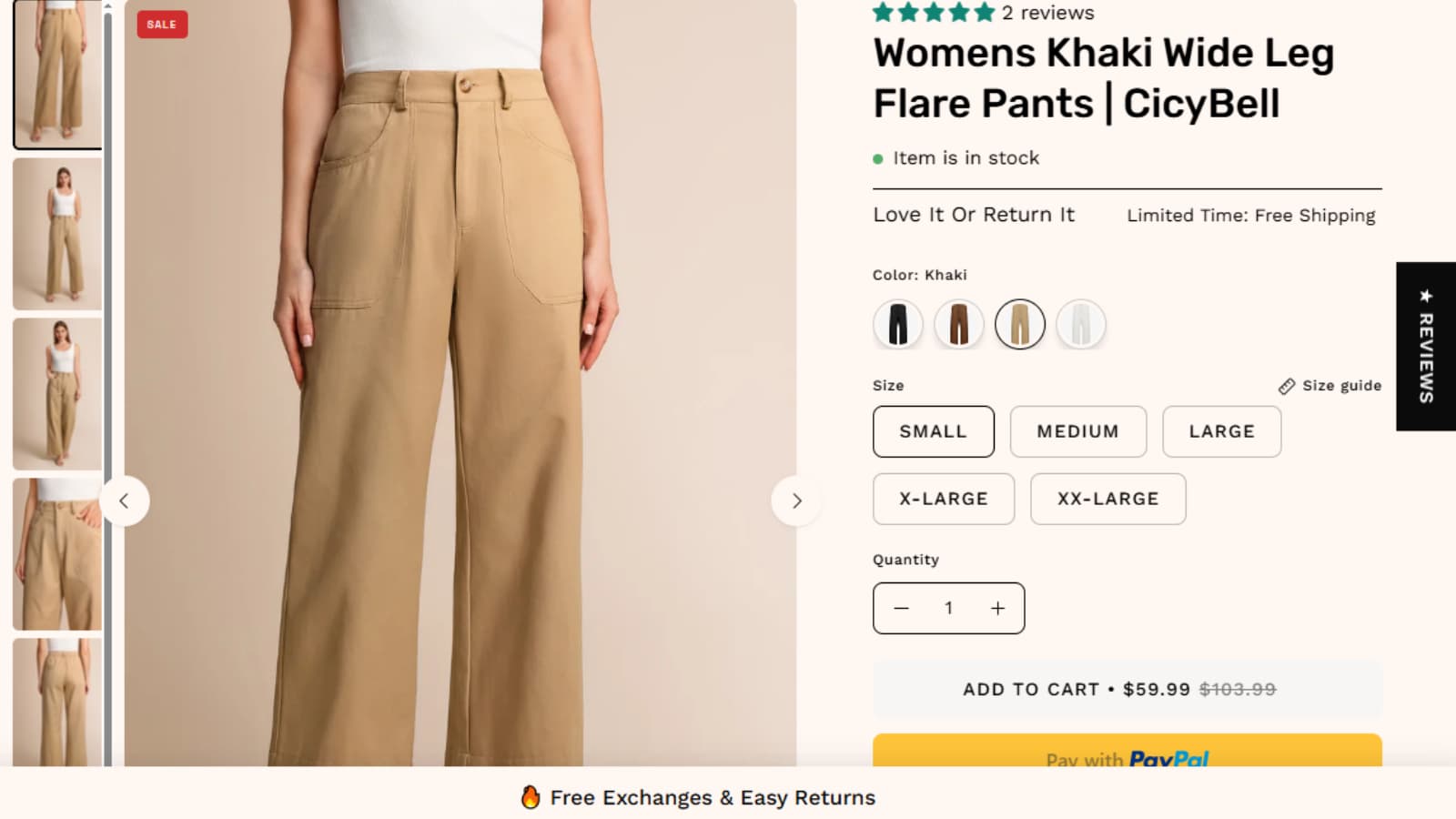 CicyBell Khaki Wide Leg Flare Pants deal showing Save $44