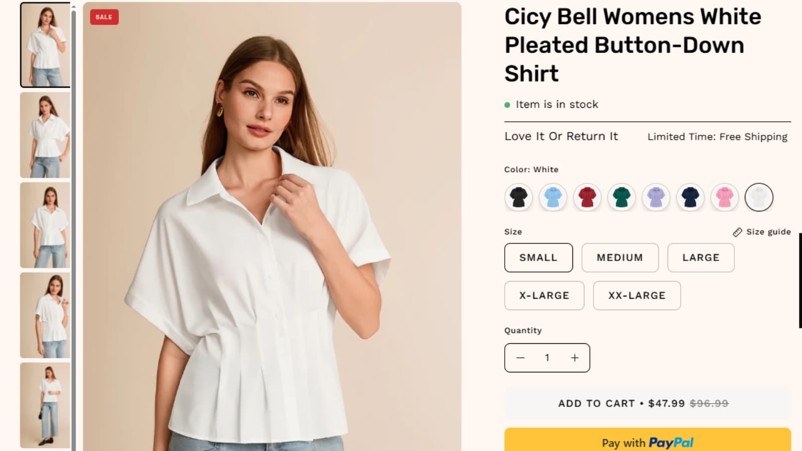 CicyBell White Pleated Button-Down Shirt deal showing Save $49