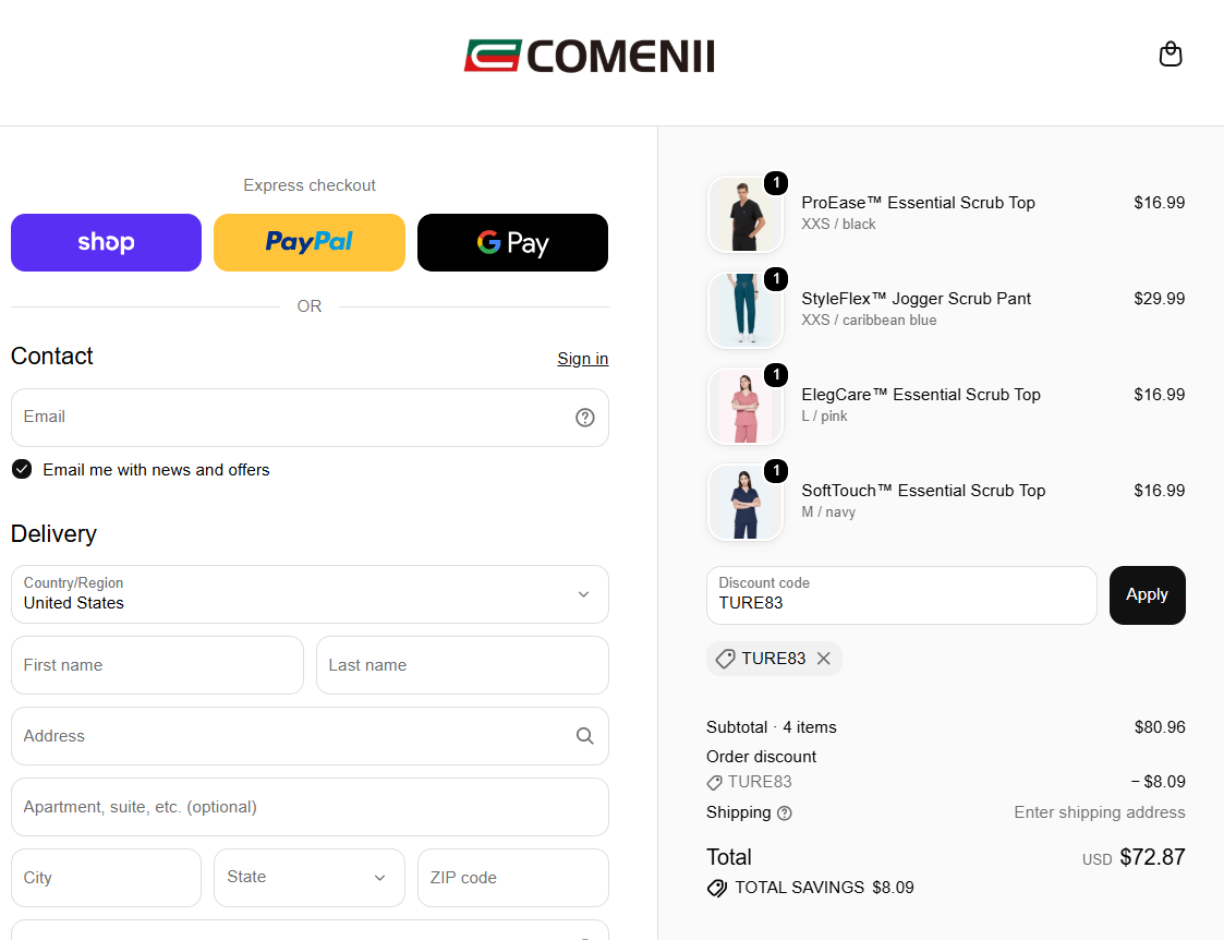 Comenii checkout screen showing promo code TURE83 applied saving 8.09 dollars on scrub tops and jogger pants