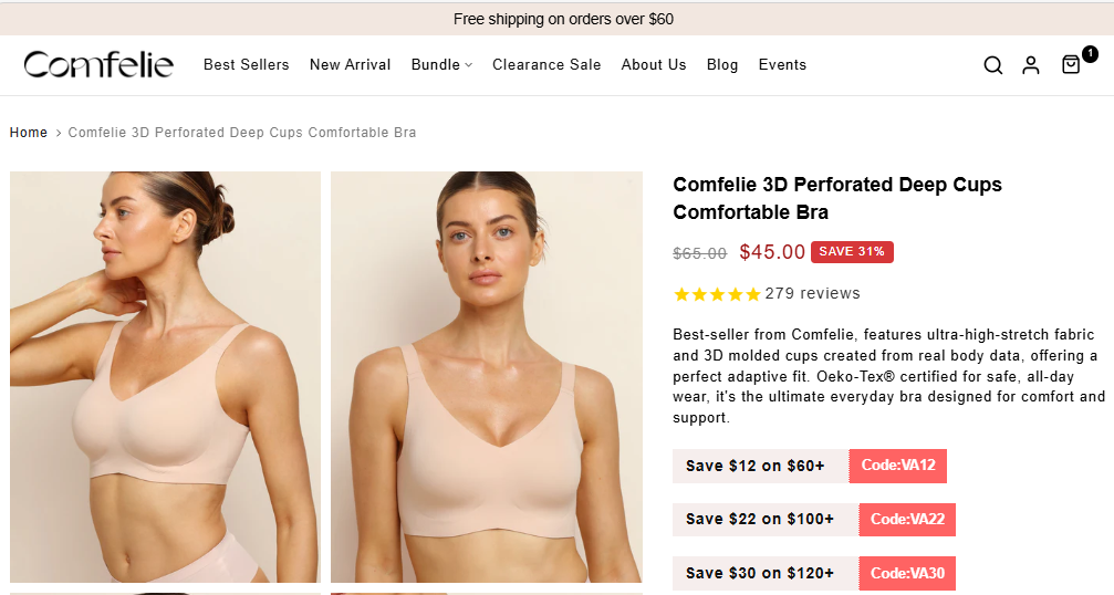 Comfelie 3D Perforated Deep Cups Bra sale price