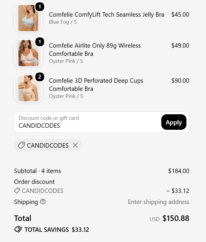 Comfelie discount code CANDIDCODES 18 percent off wireless bras checkout proof