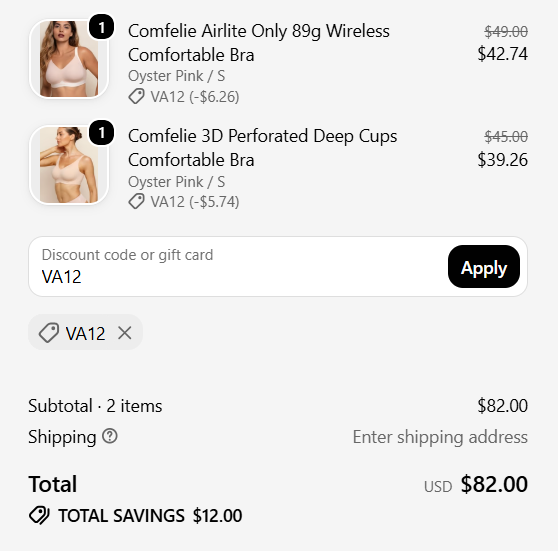 Comfelie discount code VA12 12 dollars off wireless bras checkout proof