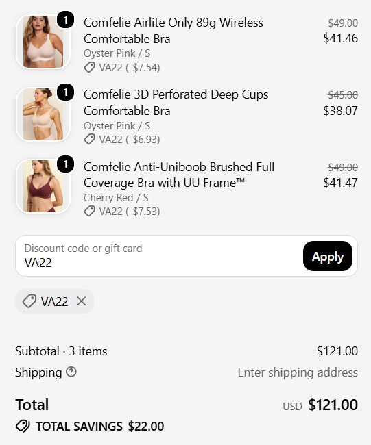 Comfelie promo code VA22 22 dollars off 3 bras checkout proof