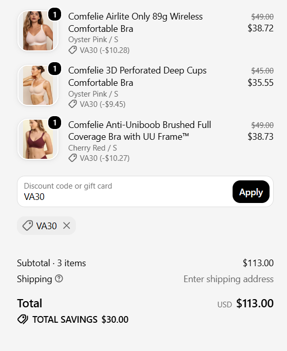 Comfelie discount coupon VA30 saving 30 dollars on comfort bras checkout proof