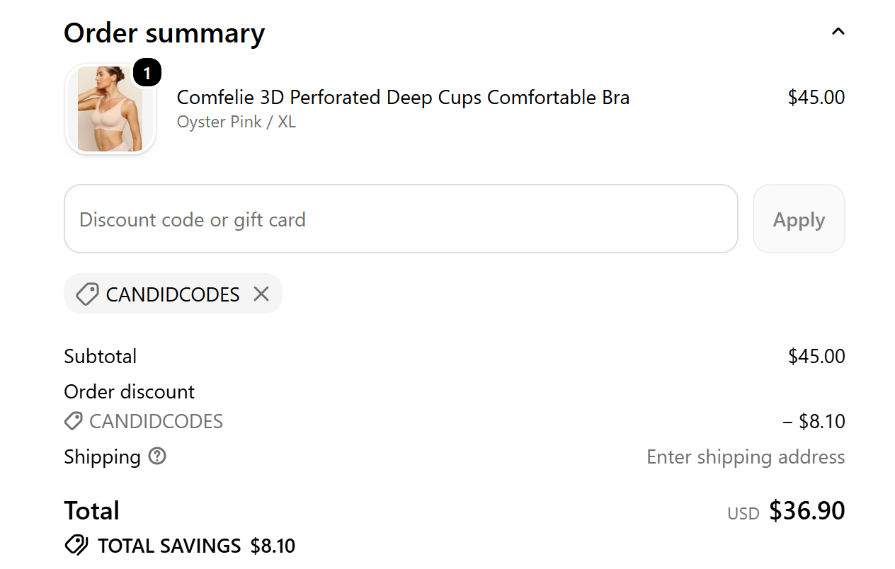 CANDIDCODES 18 percent off Comfelie checkout proof
