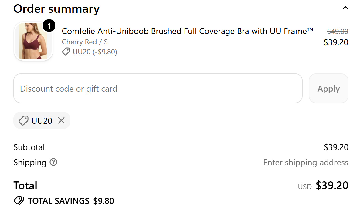 UU20 20 percent off Anti-Uniboob Bra checkout proof