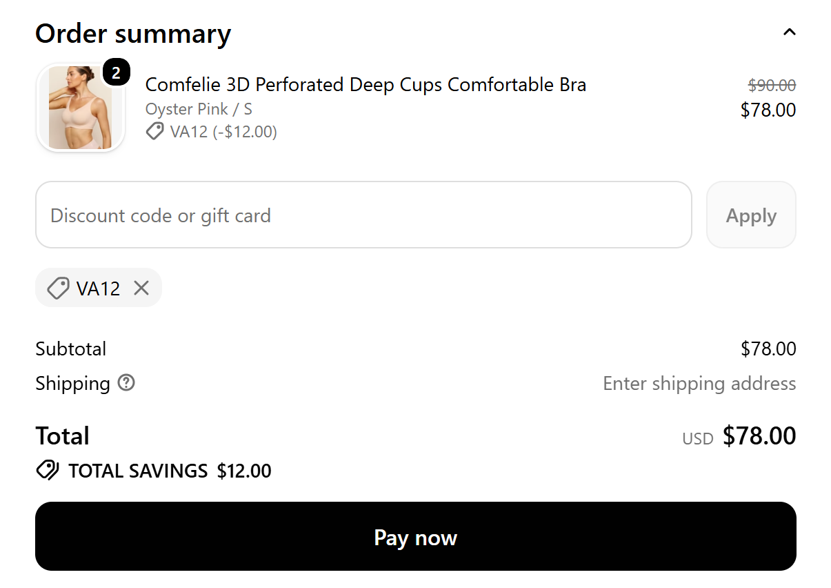 VA12 save 12 dollars Comfelie checkout proof