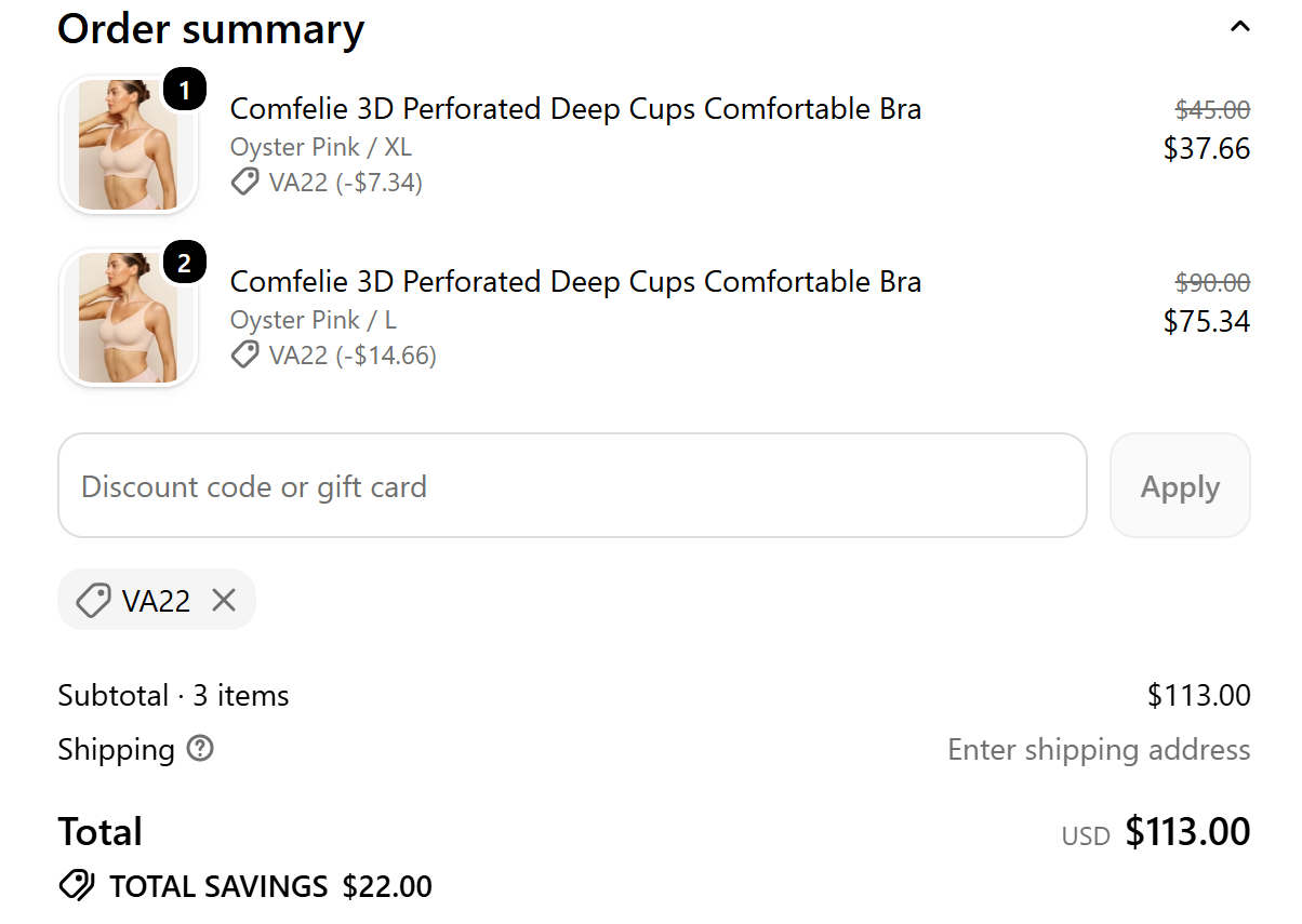 VA22 save 22 dollars Comfelie checkout proof
