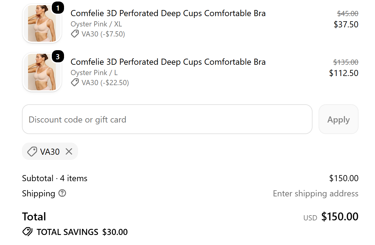 VA30 save 30 dollars Comfelie checkout proof