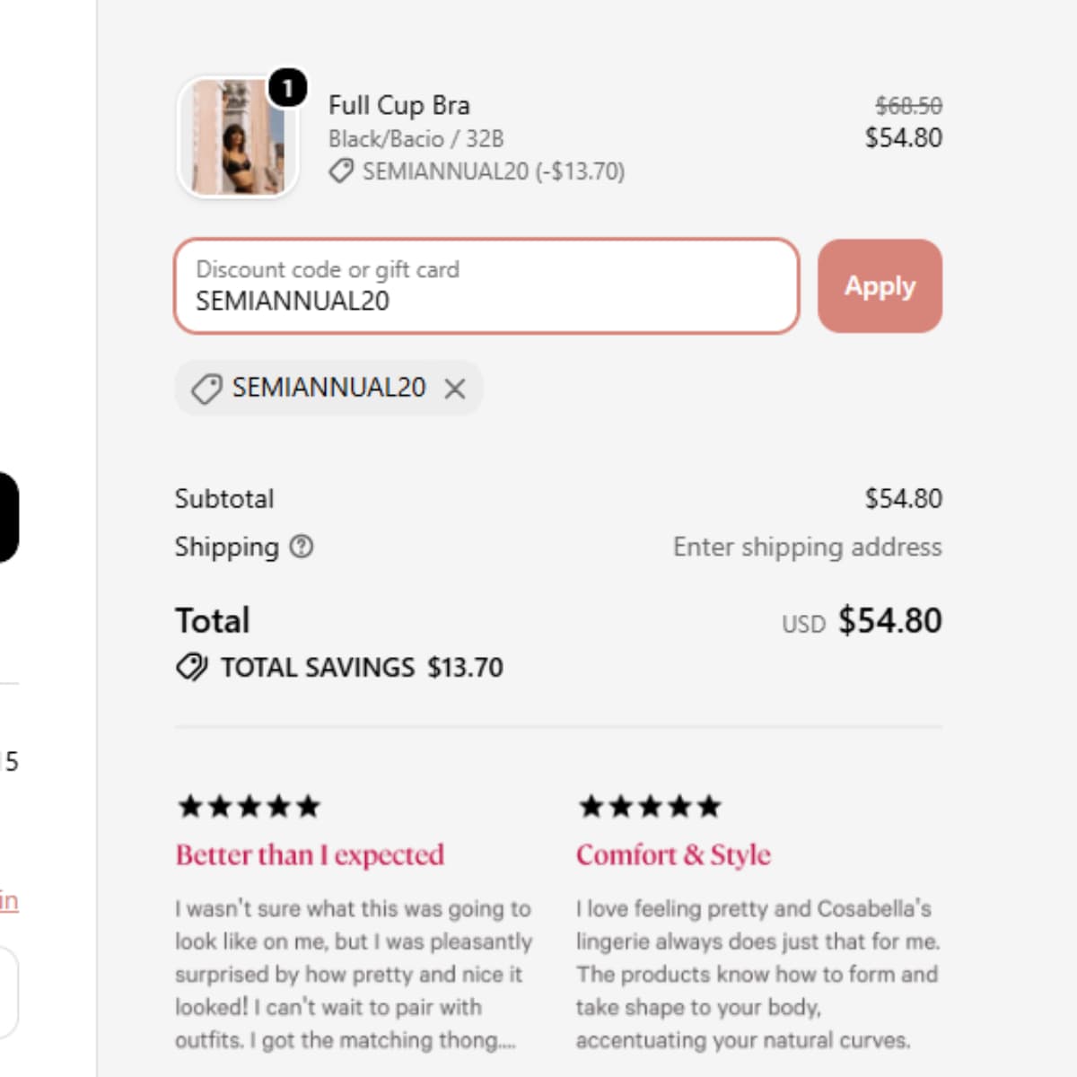 SEMIANNUAL20 coupon code proof for Cosabella Full Cup Bra checkout savings SEMIANNUAL20 coupon code proof for Cosabella Full Cup Bra checkout savings