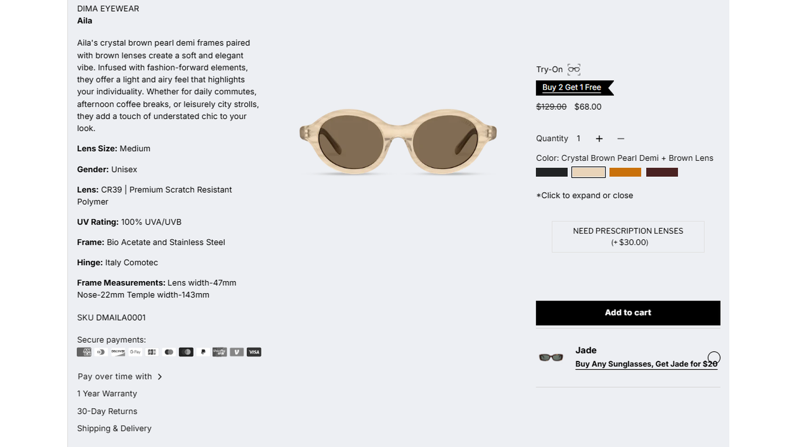 DIMA Eyewear Aila Crystal Brown Pearl Demi sale proof showing $129 reduced to $68
