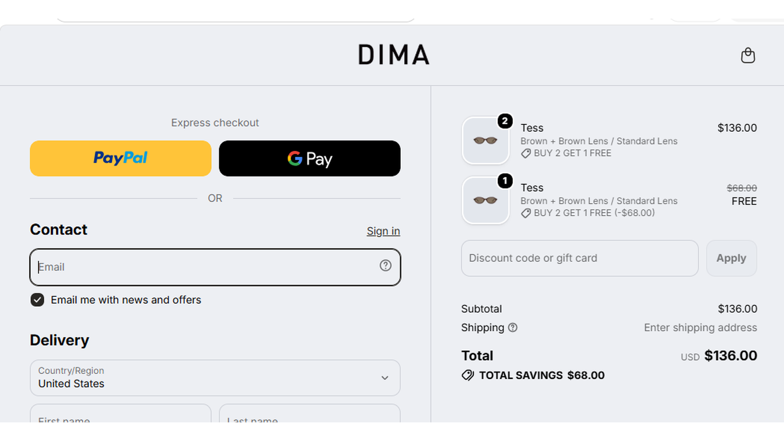 DIMA Eyewear Buy 2 Get 1 Free checkout proof showing three Tess sunglasses for $136