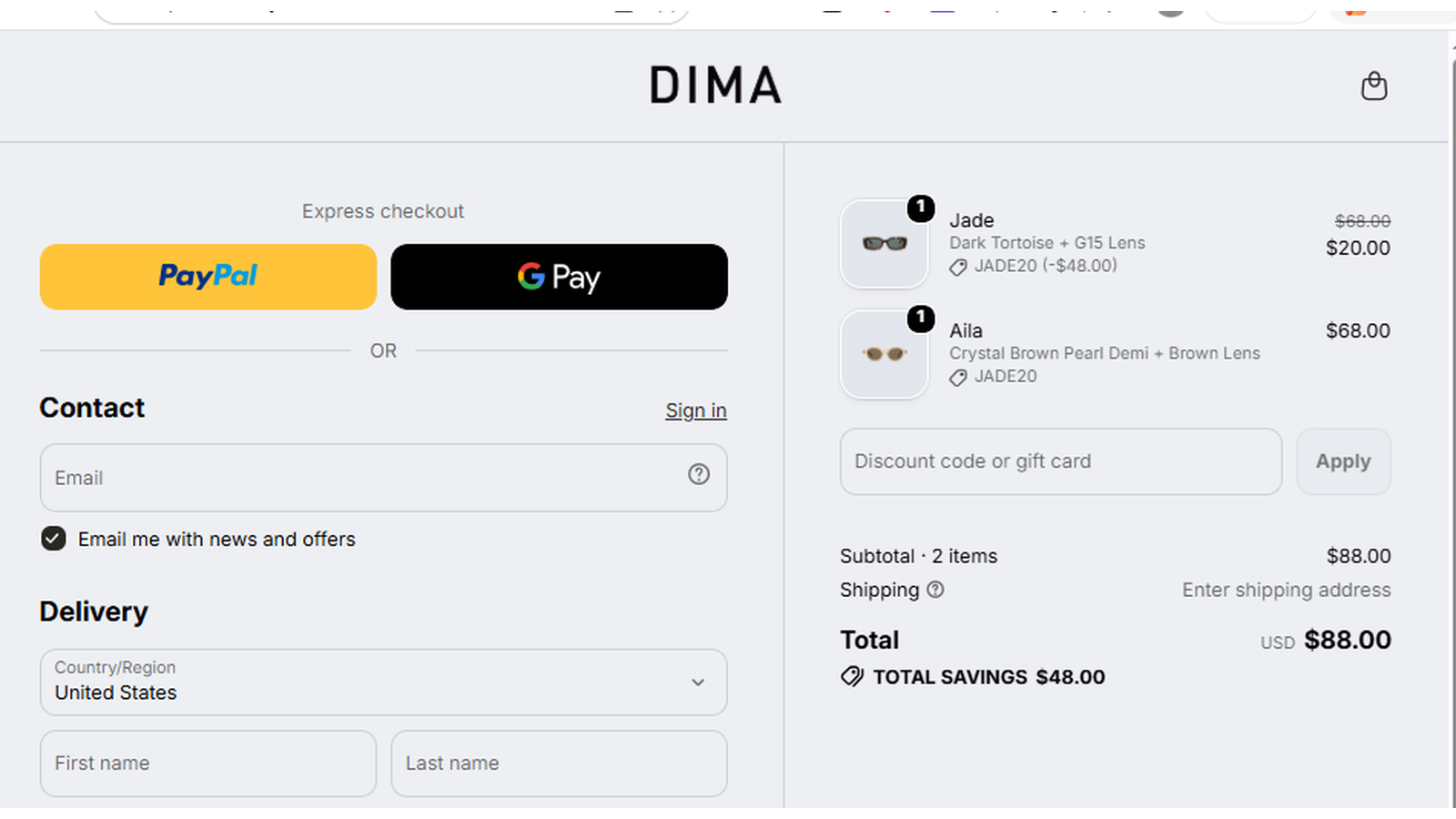 DIMA Eyewear JADE20 coupon checkout proof showing Jade sunglasses reduced from $68 to $20 with Aila