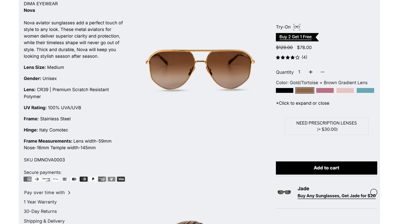 DIMA Eyewear Nova Gold Tortoise Brown Gradient Lens sale proof showing $129 reduced to $78