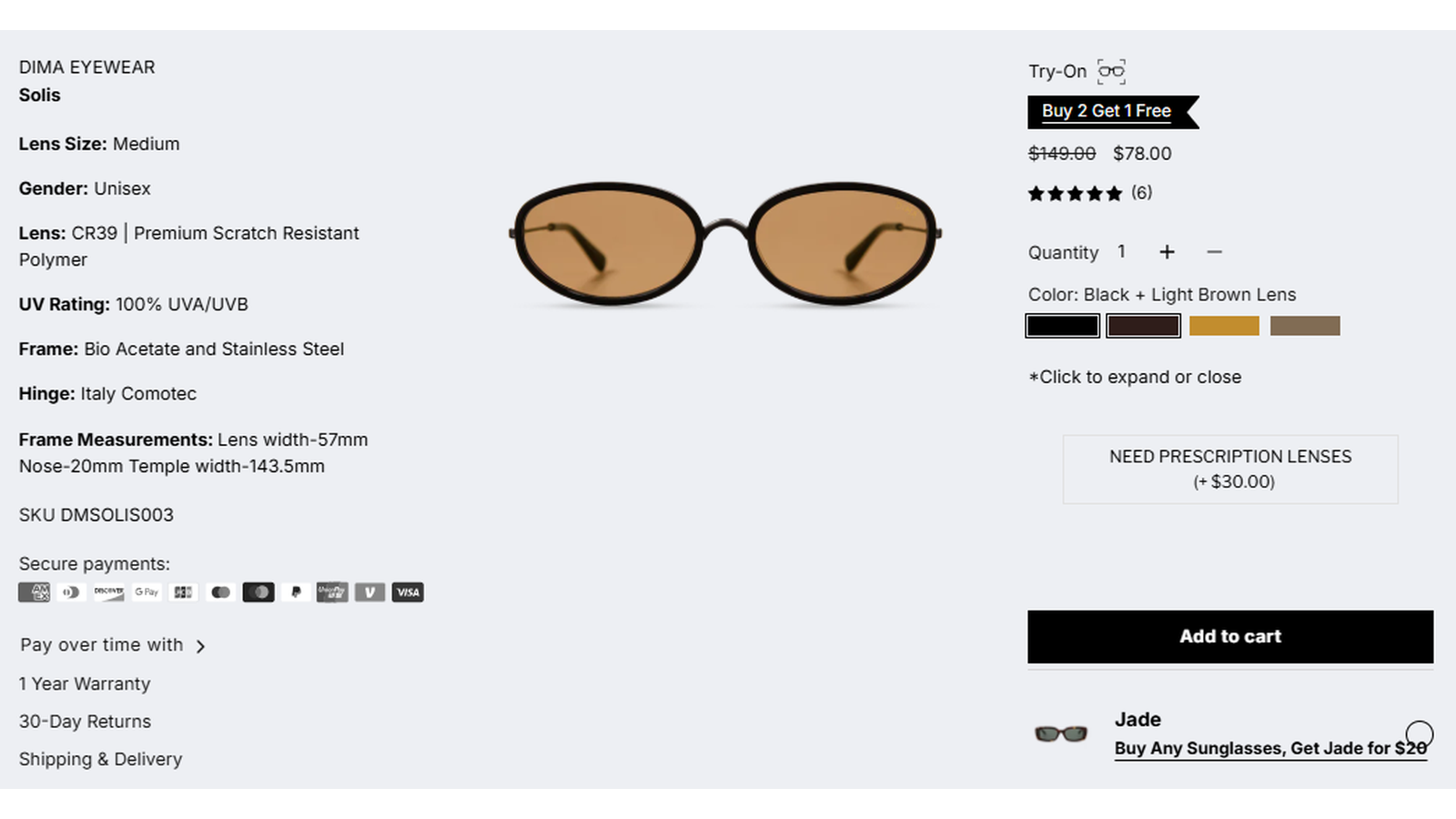 DIMA Eyewear Solis Black Light Brown Lens sale proof showing $149 reduced to $78