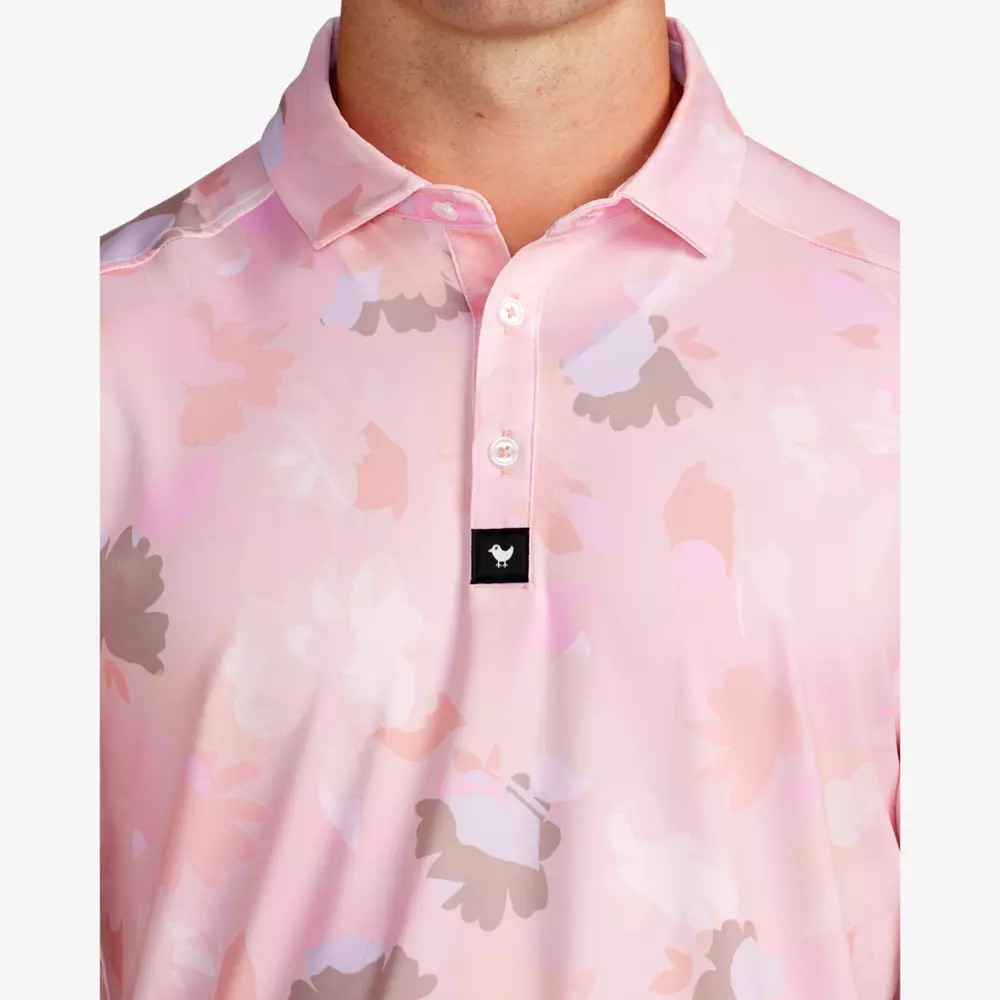 Bad Birdie pink floral performance polo fabric and collar detail