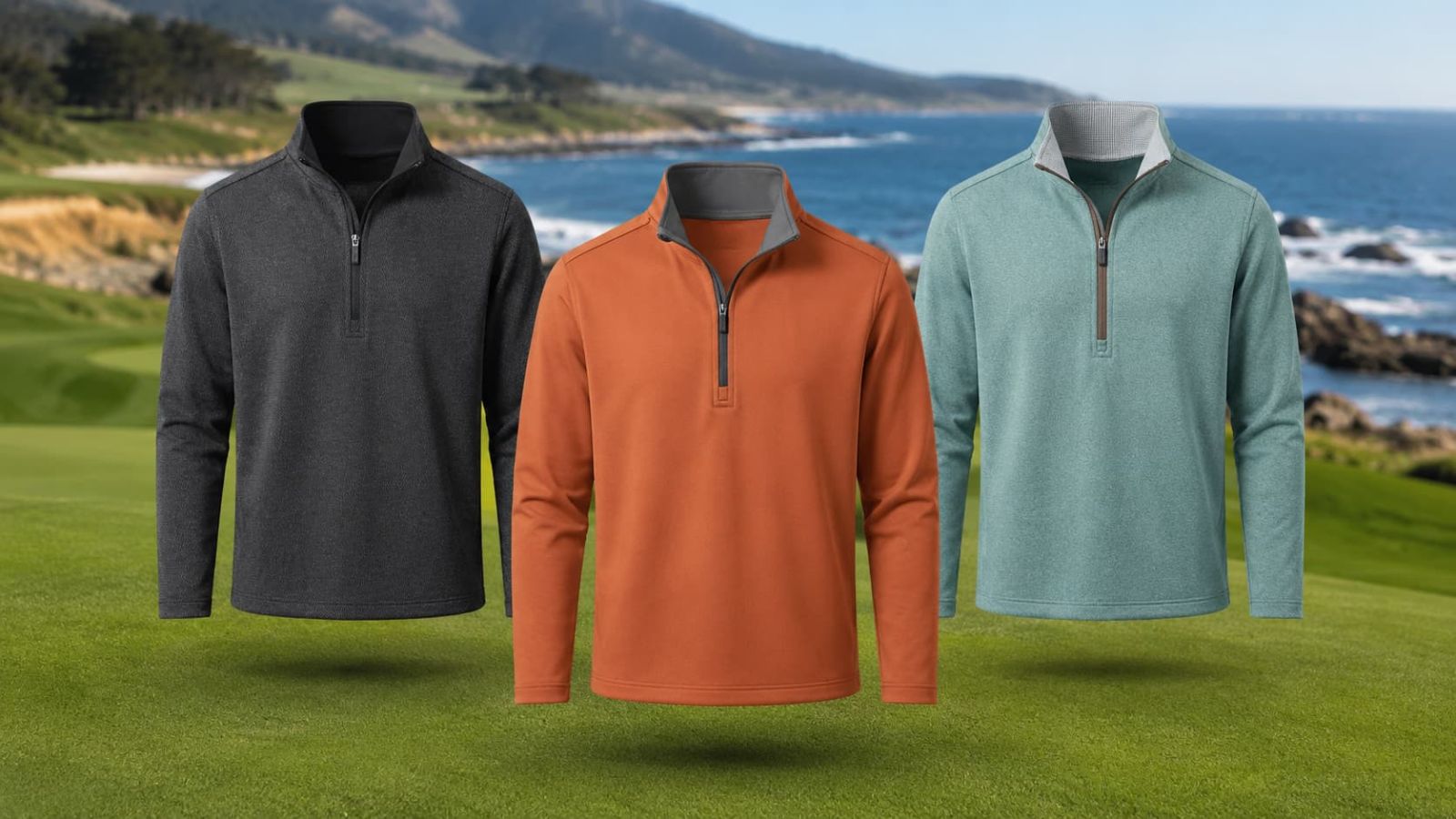 DTWOOO golf quarter-zips in black, green and Potter’s Clay on a coastal golf course