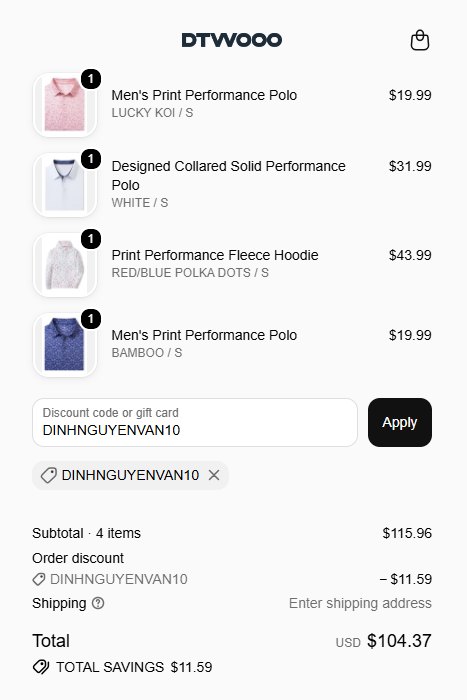 DTWOOO cart checkout showing code DINHNGUYENVAN10 applied for 10% off across 4 apparel deals