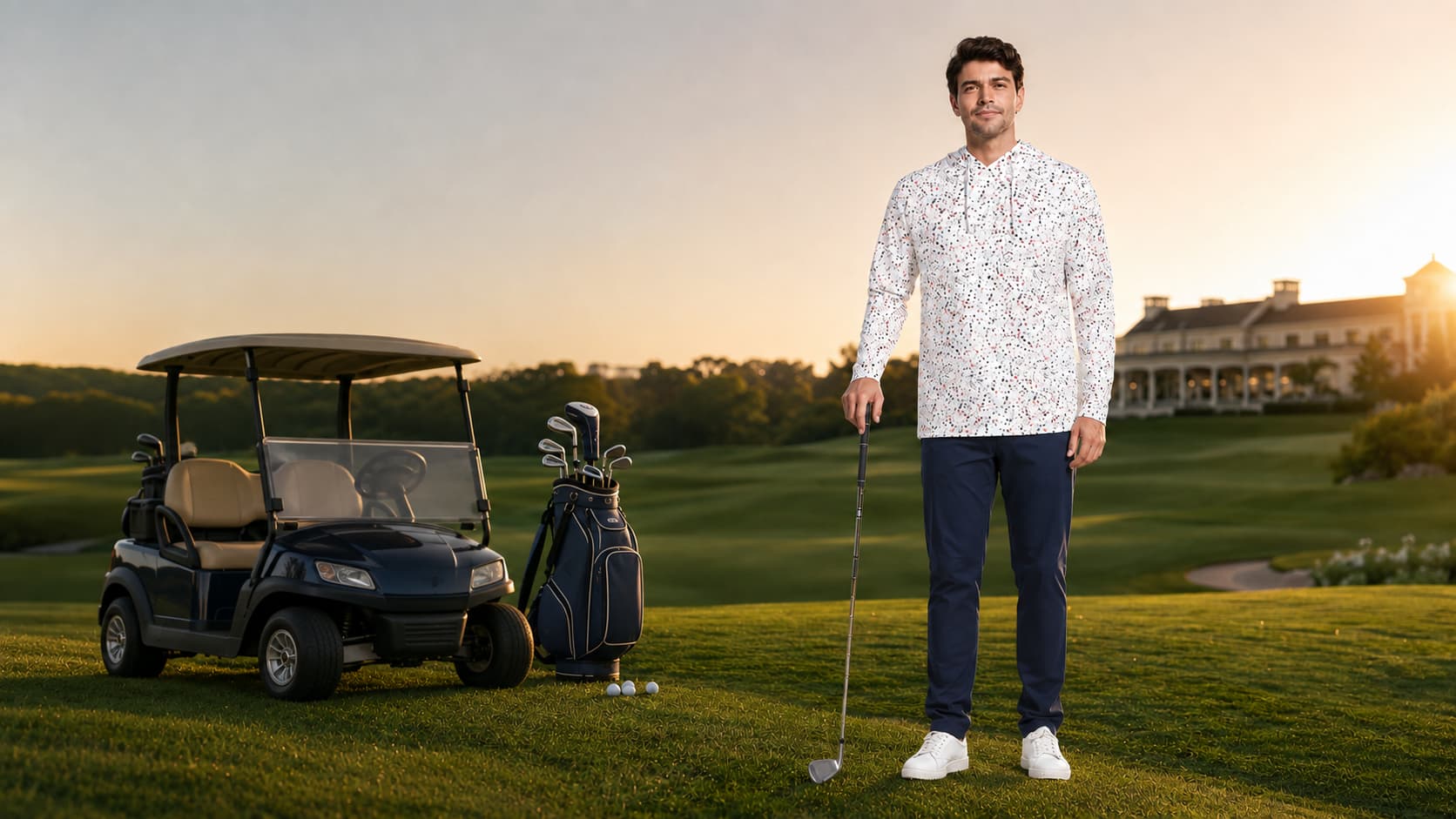 DTWOOO Performance Fleece Hoodie in Red and Blue Polka Dots on a golf course