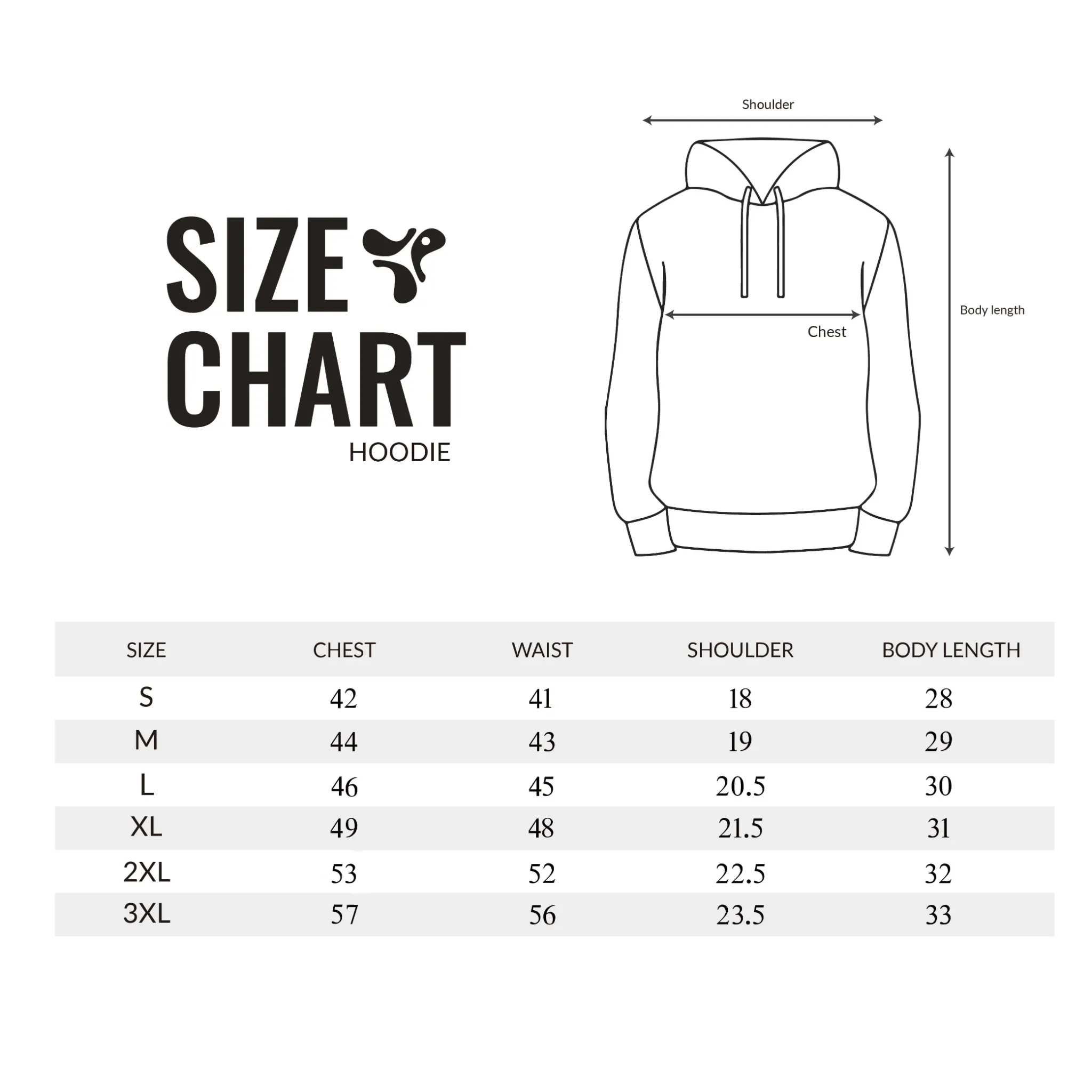 DTWOOO hoodie size chart showing chest, waist, shoulder and body length