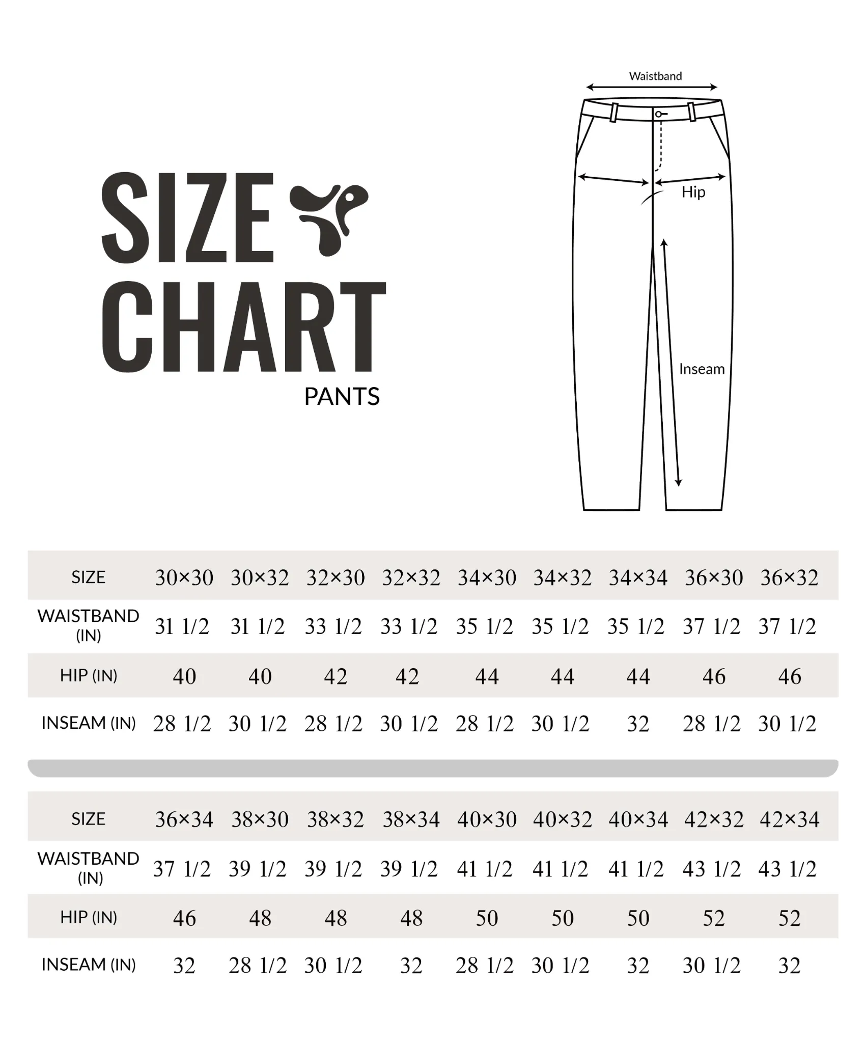 DTWOOO pants size chart showing waistband, hip and inseam measurements