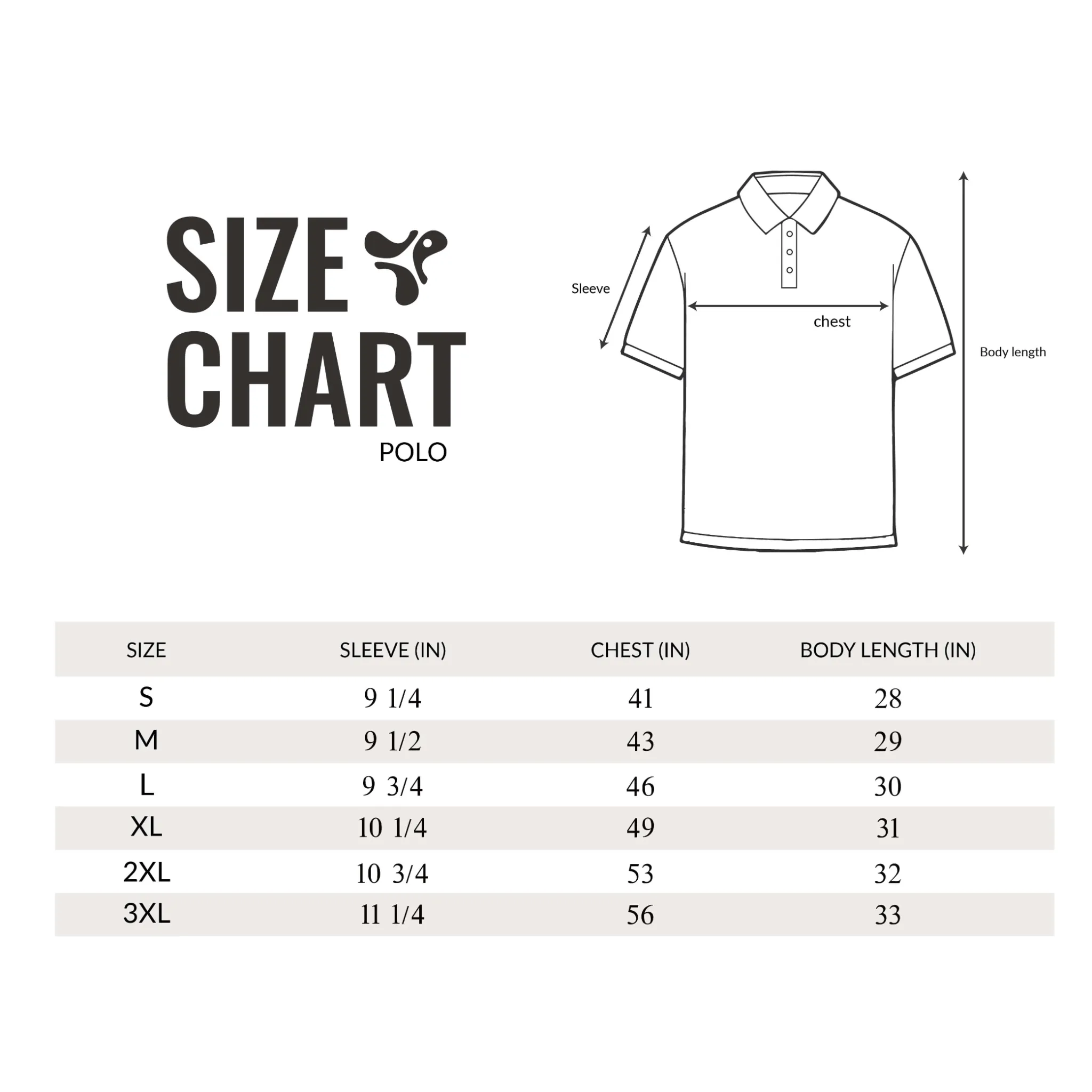DTWOOO polo size chart showing sleeve, chest and body length measurements