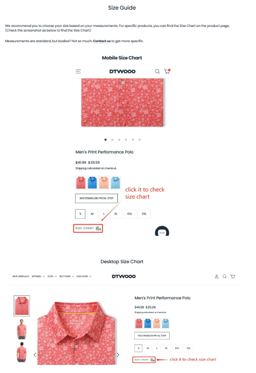 DTWOOO instructions showing where to open the size chart on mobile and desktop product pages