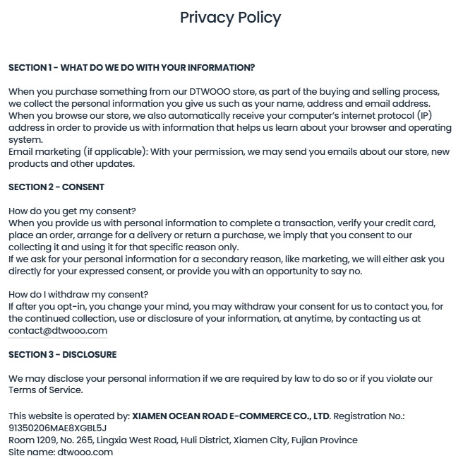 DTWOOO Privacy Policy showing company name, registration number and Xiamen address