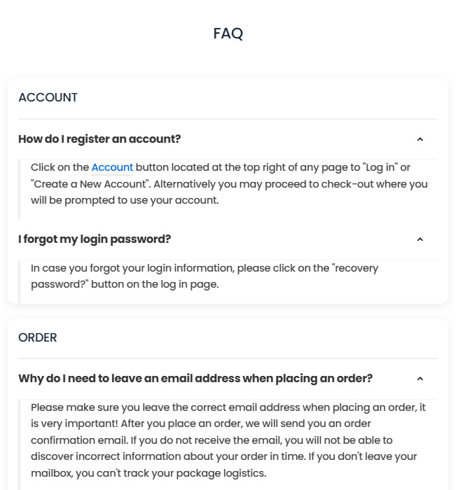 DTWOOO FAQ explaining account, order email and tracking requirements
