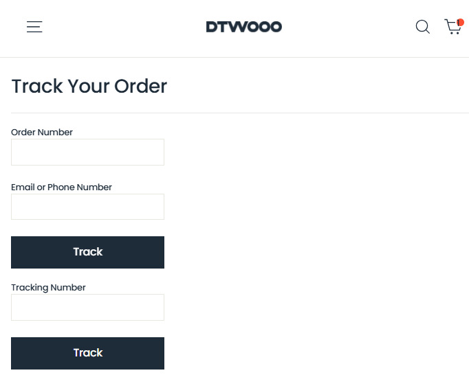 DTWOOO Track Your Order page with order and tracking number fields
