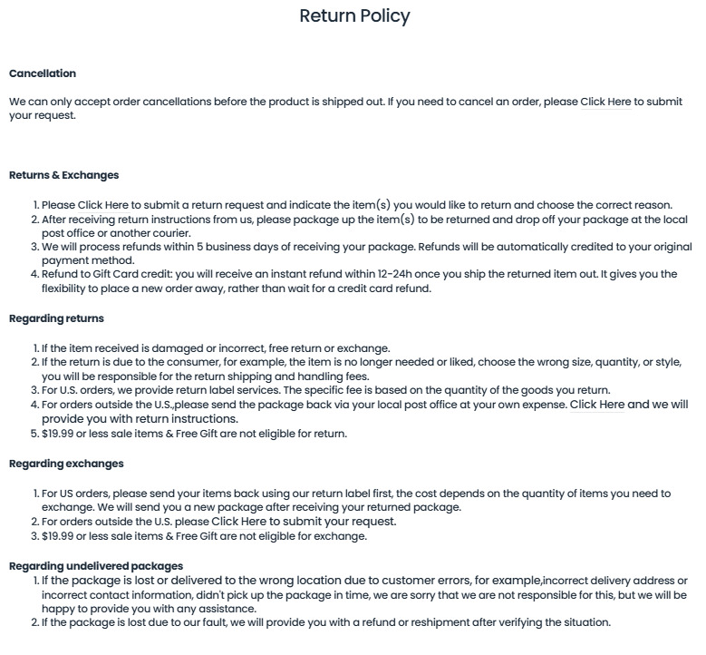 DTWOOO Return Policy showing return, exchange and refund procedures