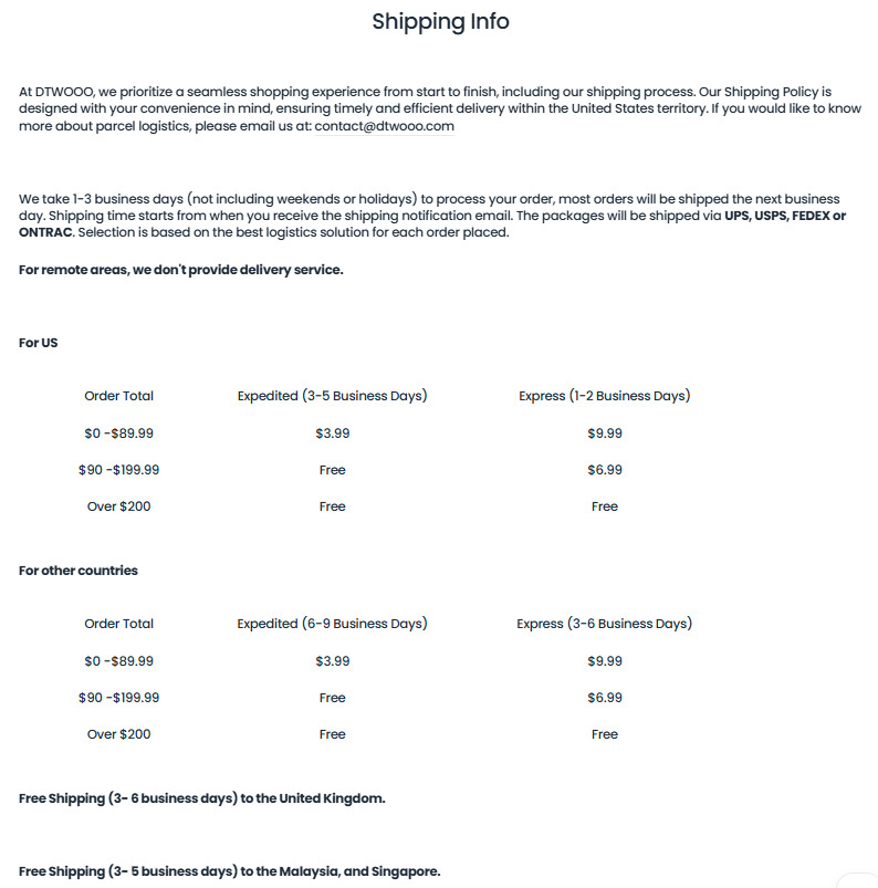 DTWOOO Shipping Info showing processing time, delivery estimates and shipping charges