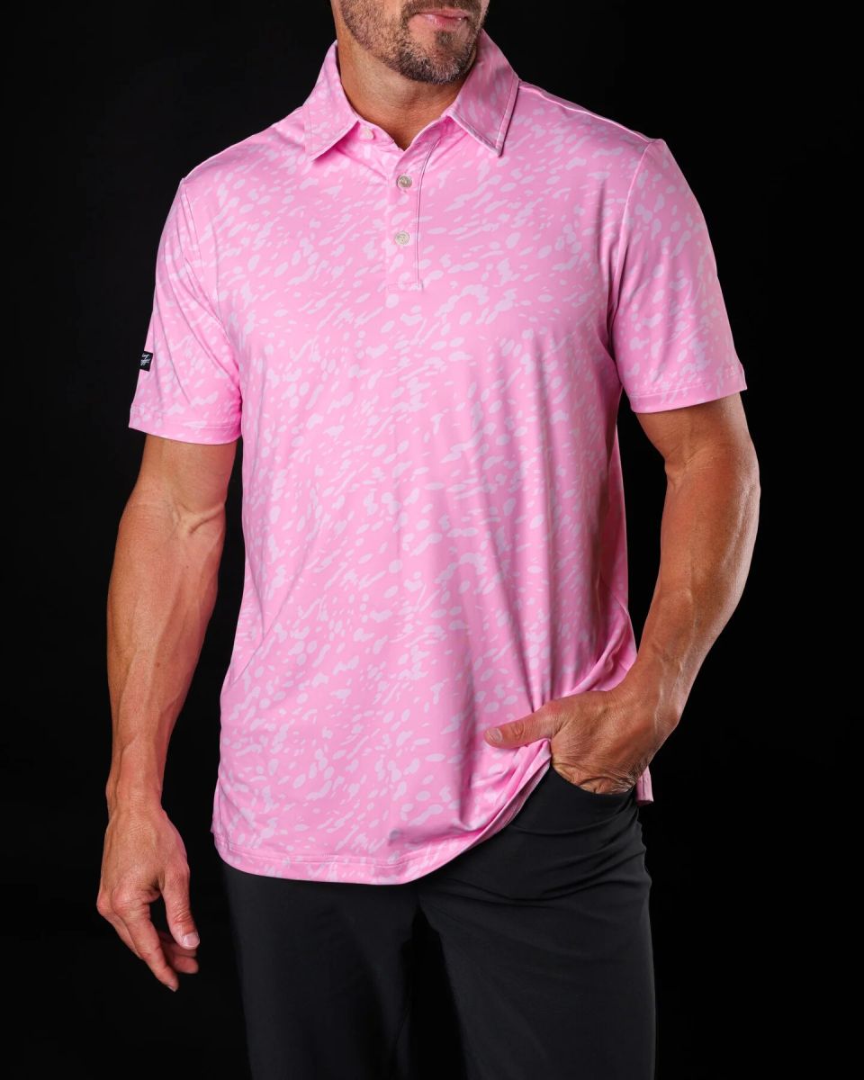 Close front fit detail of Sunday Swagger Pink Painter golf polo