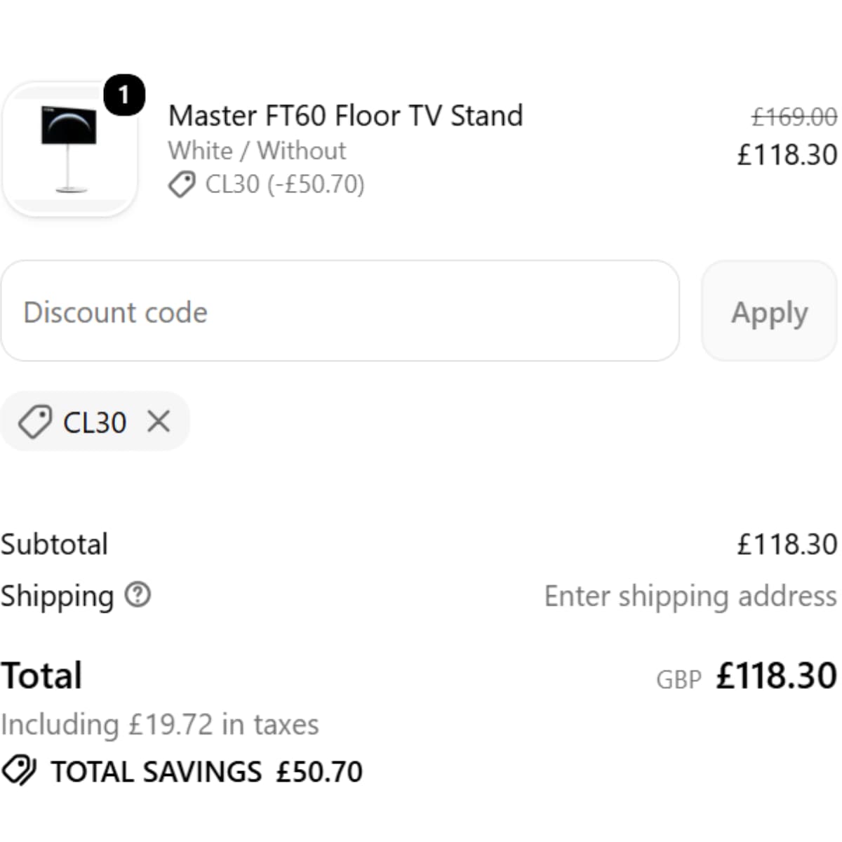 CL30 checkout proof showing 30 percent off the FITUEYES Master FT60 stand