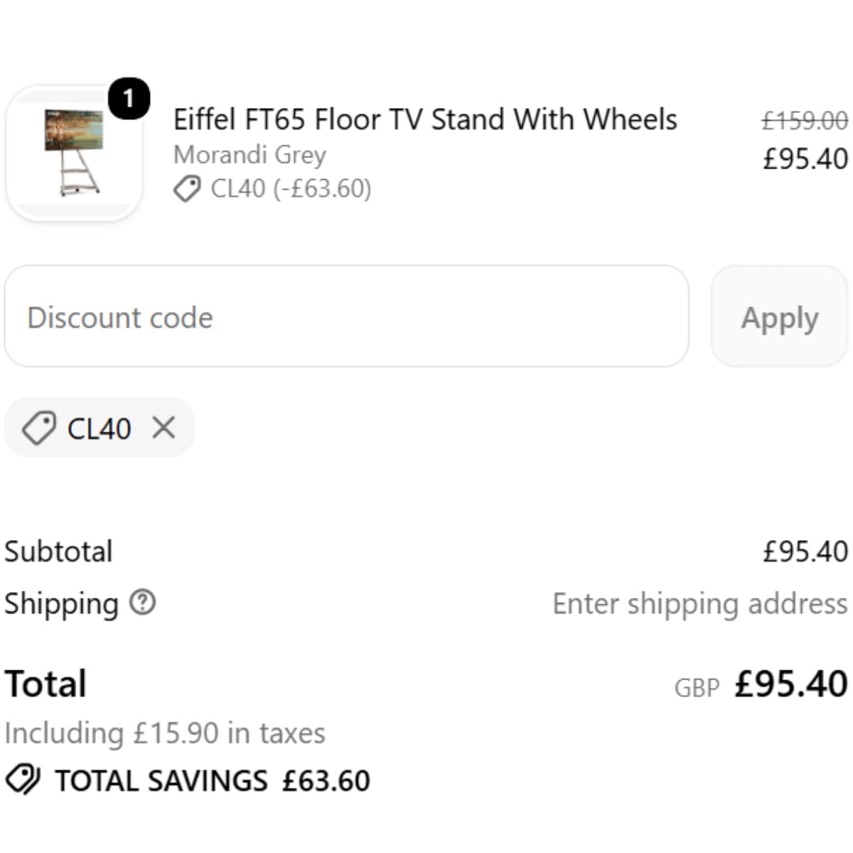 CL40 checkout proof showing 40 percent off the FITUEYES Eiffel FT65 stand