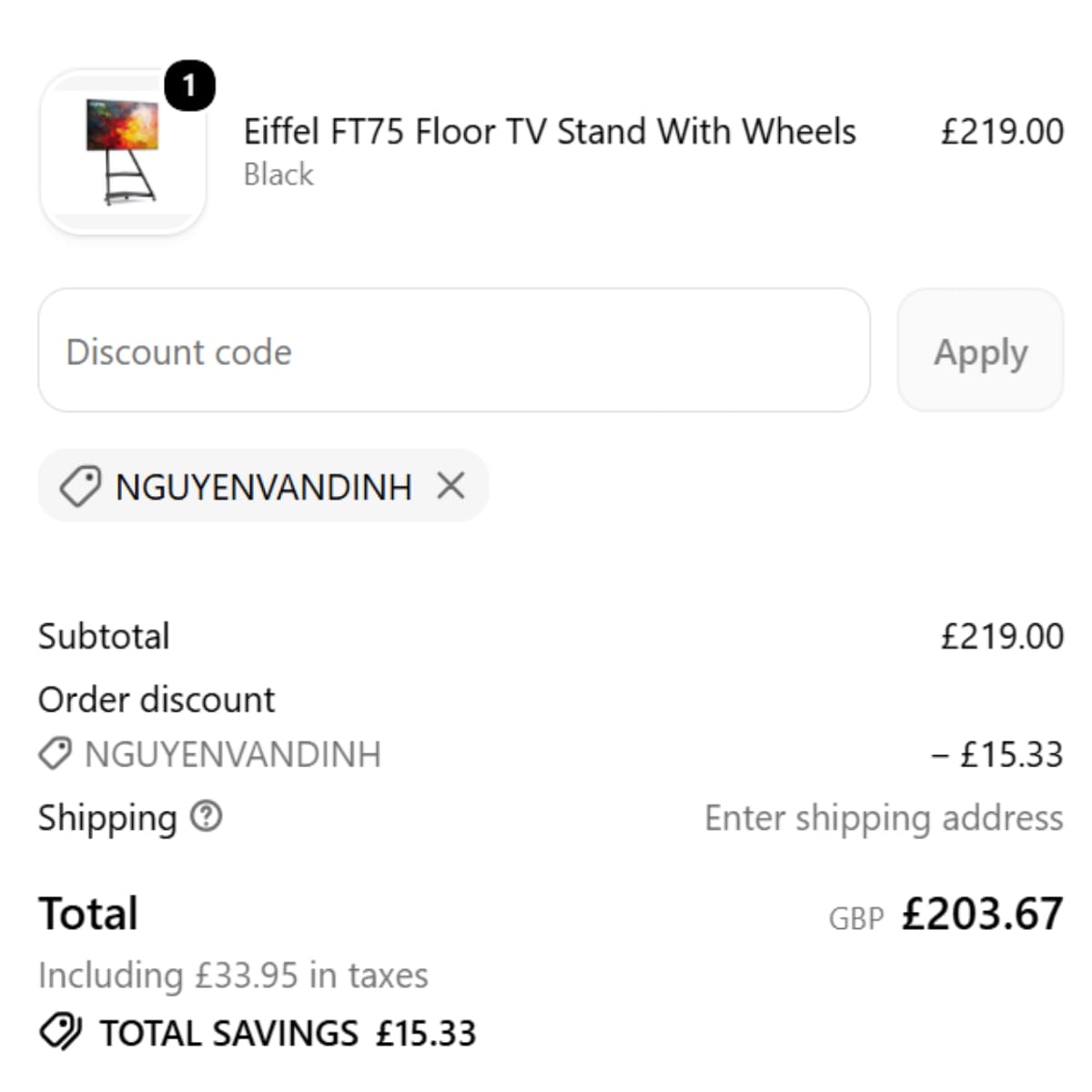 NGUYENVANDINH checkout proof showing 7 percent off a FITUEYES Eiffel FT75 stand