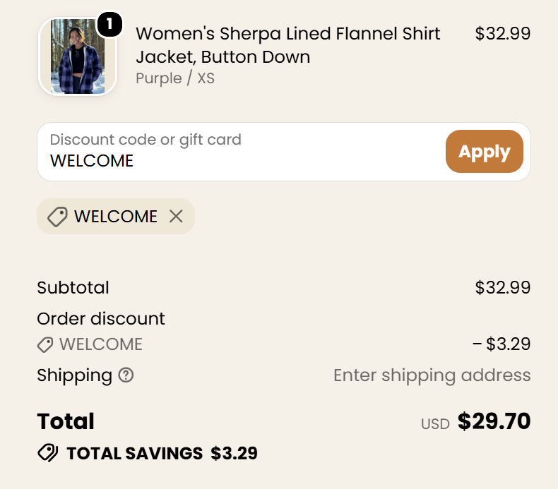 FlannelGo discount code WELCOME 10% off checkout proof