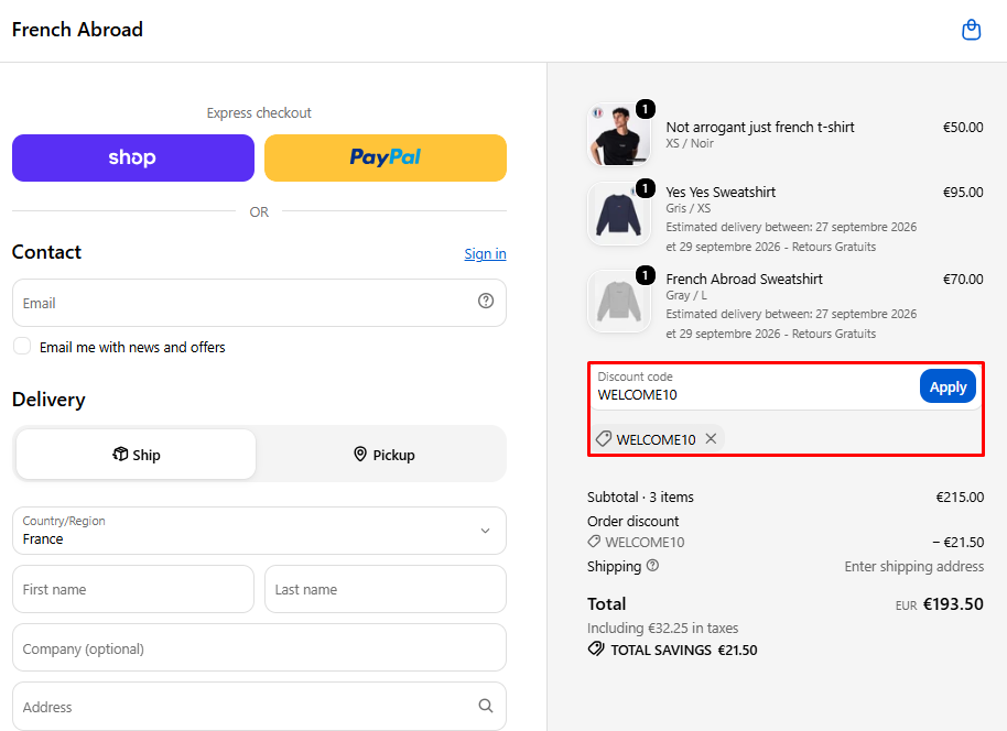 Preuve de paiement du code promo French Abroad Paris Welcome10 avec 10 % de réduction