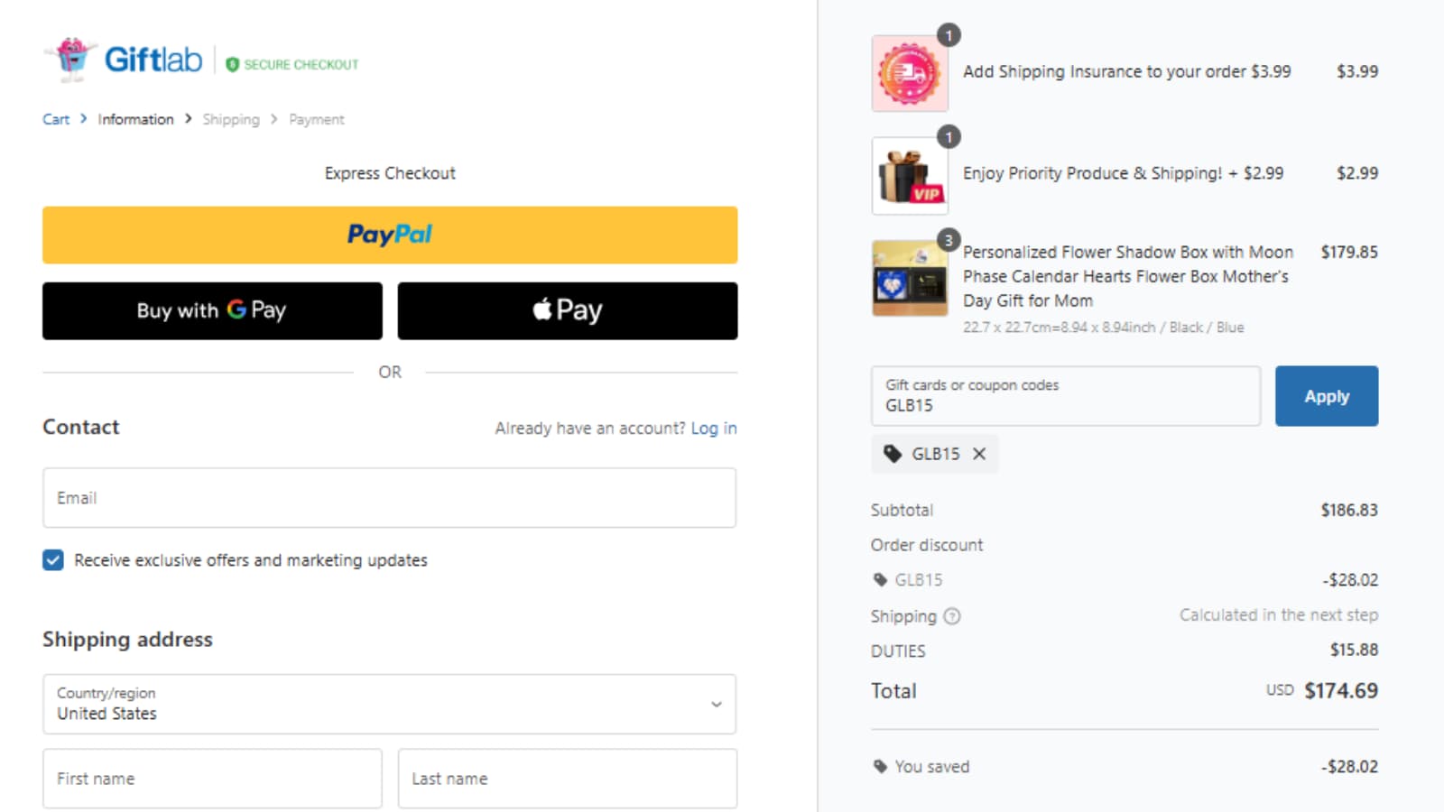 Giftlab GLB15 Coupon Code Checkout Proof Giftlab GLB15 coupon code checkout proof for 15% off orders over $129