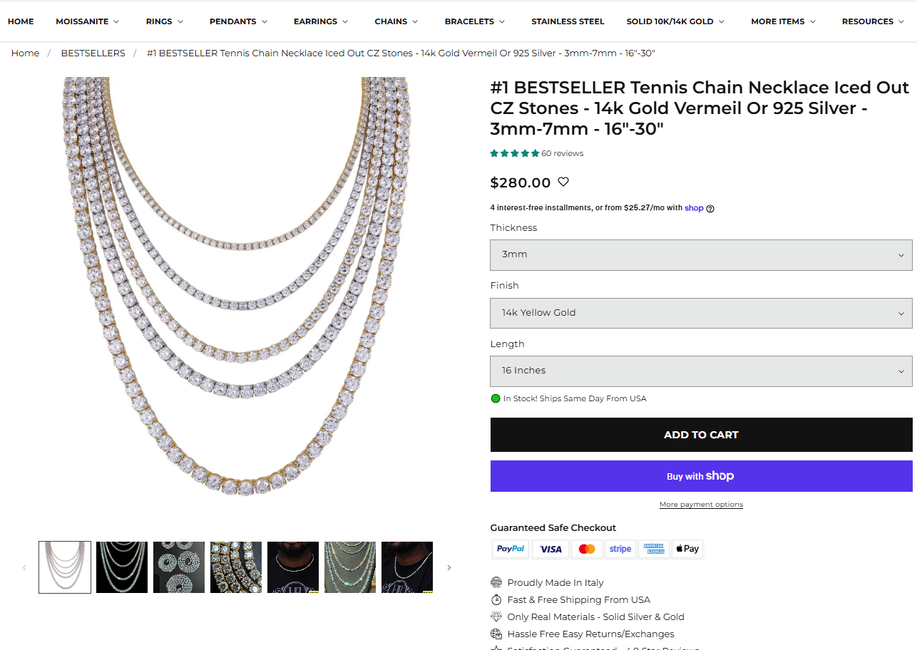 #1 BESTSELLER Tennis Chain Necklace Iced Out CZ Stones - 14k Gold Vermeil Or 925 Silver - 3mm-7mm - 16"-30"