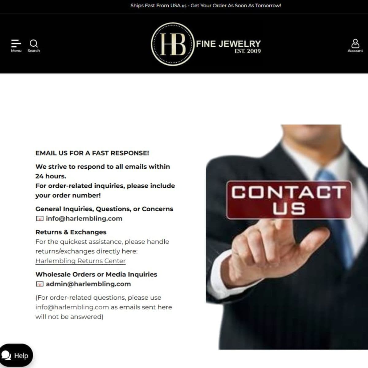 Harlembling support links contact tracking returns and FAQ proof