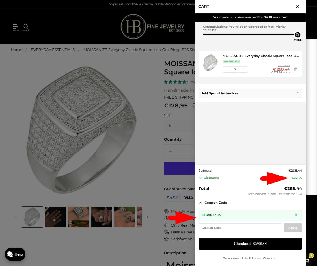 Harlembling HBRINGS25 checkout proof showing 25 percent ring discount before June 2