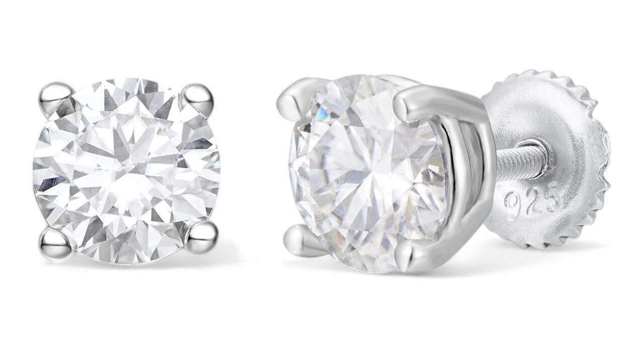 Harlembling moissanite solitaire stud earrings with four-prong settings and 925 silver screw backs